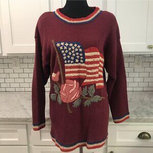 Vintage Cambridge Country Store Sweater Womens Medium Maroon Flag Rose Knit 90s